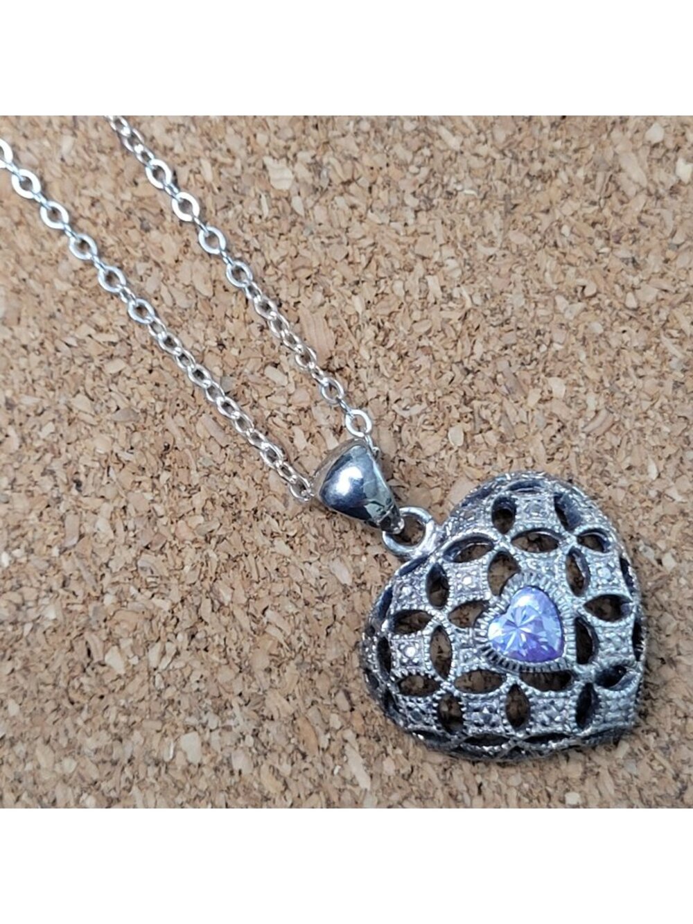 Vintage Avon 925 Sterling Silver Filigree Heart Alexandrite Pendant Necklace NV
